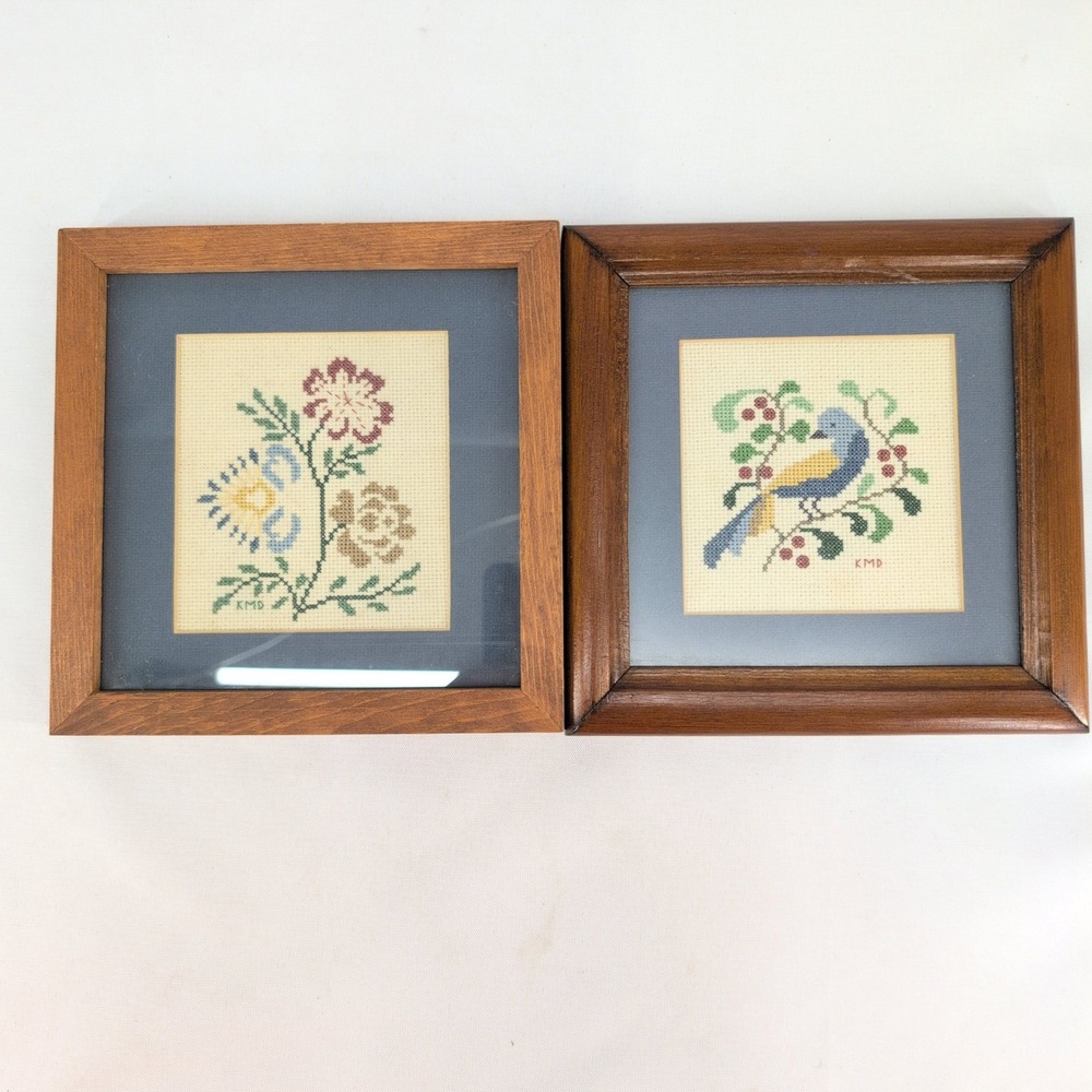 Set of 2 Vintage Needlepoint Framed Art Blue Bird Floral Wood Frame 9"x9"